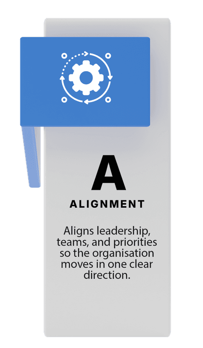 Alignment: Aligns leadership, teams, and priorities so the organisation moves in one clear direction.